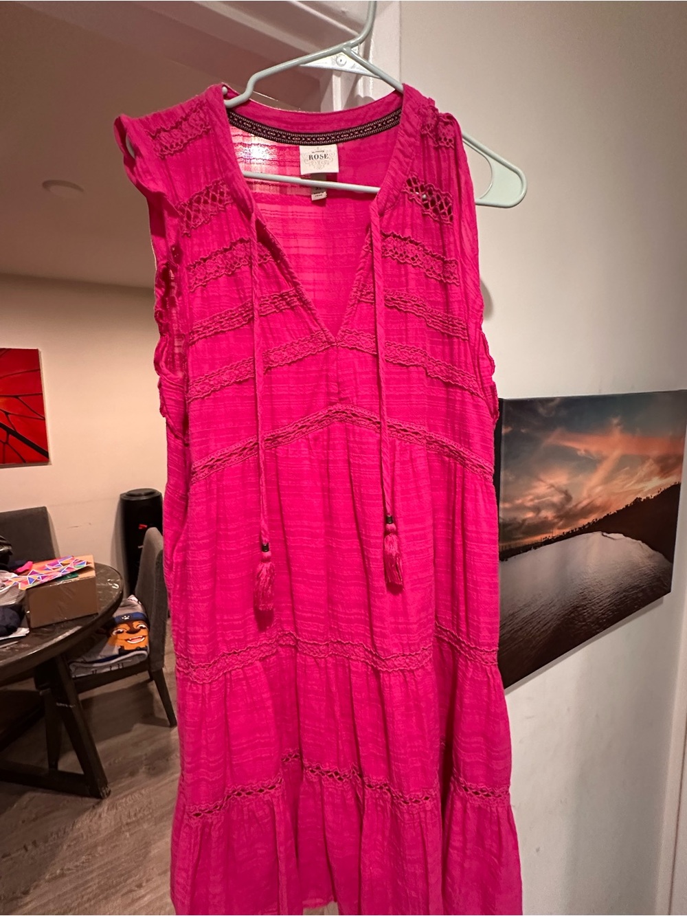 Knox Rose Hot Pink Tiered Tassel V-Neck Midi Dress